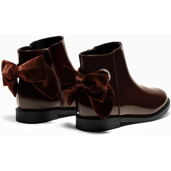 🆕Girls Dark Brown Faux Leather Ankle Bow Chunky Low Heel Side Zipper Dress Boot - Picture 6 of 9